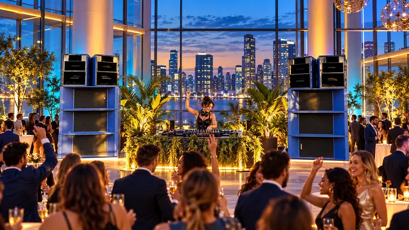 Evening corporate reception in a glass atrium with a DJ and city skyline