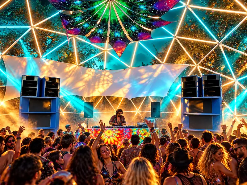 Illustration of a nighttime stage under a geodesic dome with laser lights, speaker stacks and a cheering crowd