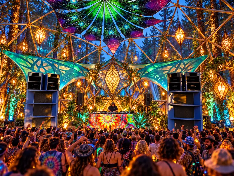 Illustration of an outdoor festival stage under a glowing geodesic dome, with speaker stacks and a crowd with hands in the air