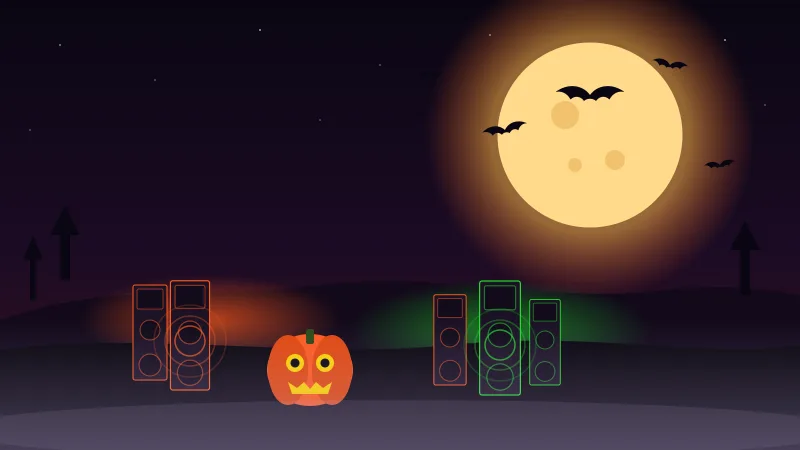 Illustration of speaker stacks glowing orange and green on a graveyard hill under a huge harvest moon with bats and a jack-o'-lantern