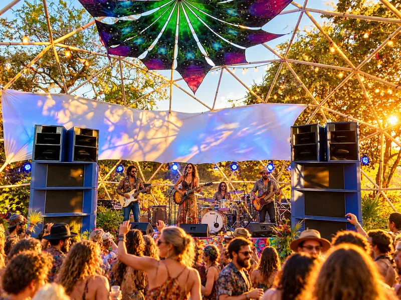 Illustration of a live band playing at golden hour in front of a crowd, with speaker stacks on either side of the stage