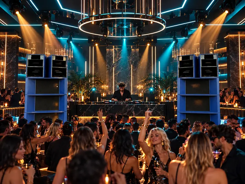 DJ booth in a club with a crowd and stage lighting