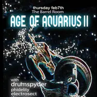 Flier for Age of Aquarius II at The Barrel Room, with a line-art figure playing a saxophone