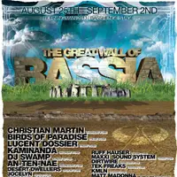 Flier for The Great Wall of Rassia, a multi-day outdoor festival with a long artist lineup over a cracked-earth landscape