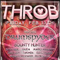 Pink heart-themed flier for Throb, a Friday night at The Bossanova featuring Drumspyder and Bounty Hunter