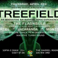 Wide banner flier for Treefield at The Barrel Room, with a glowing tree graphic