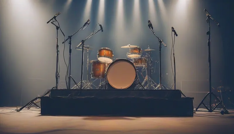 Empty stage between acts with a drum riser, microphone stands and blue and amber lights in haze