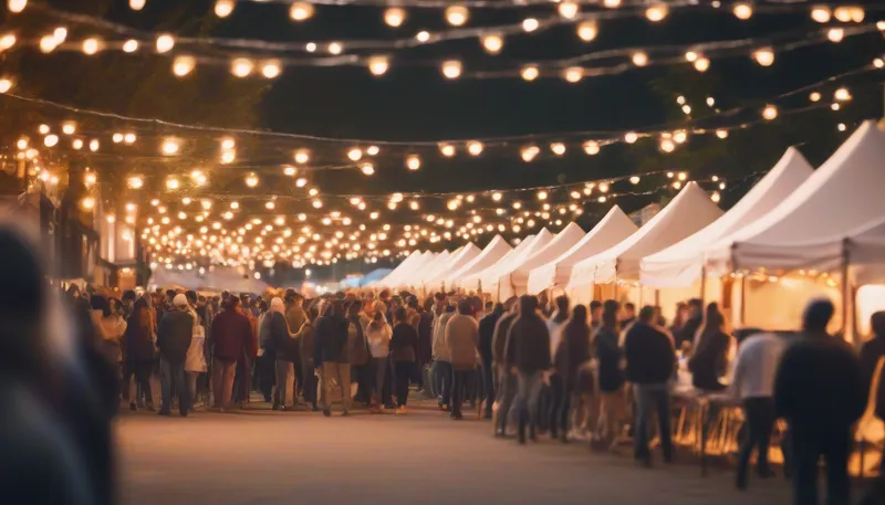 Evening street festival with white vendor tents, strings of bulb lights and a crowd walking between them