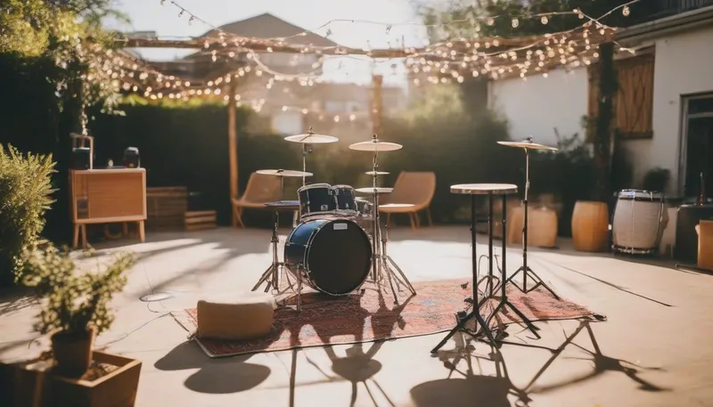 Sunlit courtyard stage with string lights, a drum kit and a speaker set up for a day party