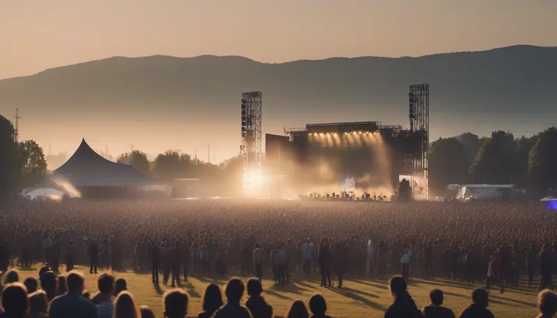 Wide festival field at golden hour with a distant stage, speaker towers placed back in a large crowd and warm haze