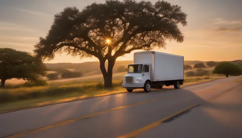 White box truck driving a country road at sunrise past live oak trees and rolling hills