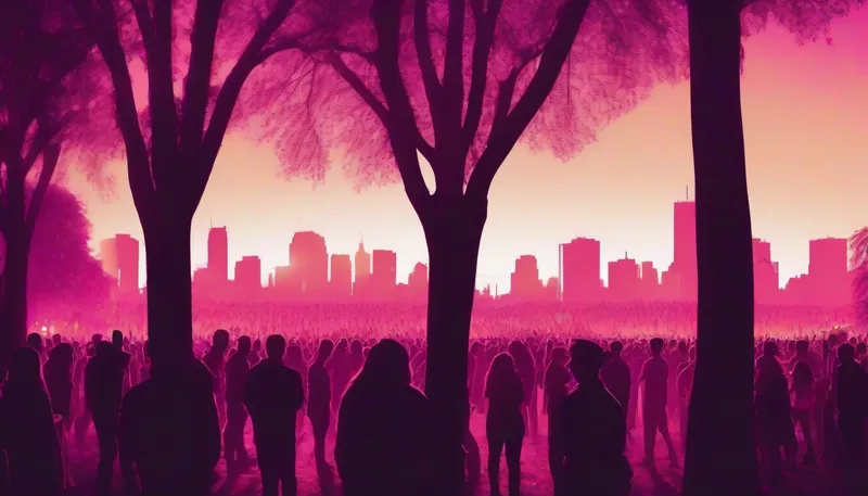 Music festival crowd in silhouette under trees at dusk with a city skyline glowing magenta behind them
