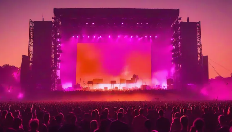 Large outdoor festival stage at dusk with towering speaker stacks, a packed crowd in silhouette and orange and magenta stage lights through haze