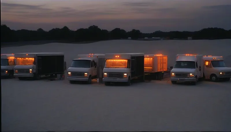 Box trucks with open loading doors and orange work lights on a gravel lot at dusk during a festival load-in