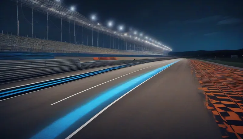 Empty motorsport circuit at night with floodlit grandstands and glowing blue track edge lights