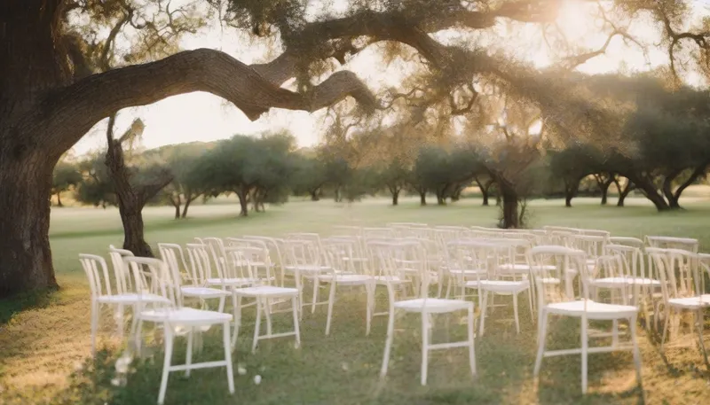 Rows of white chairs on grass beneath live oak trees at golden hour, set for an outdoor ranch ceremony