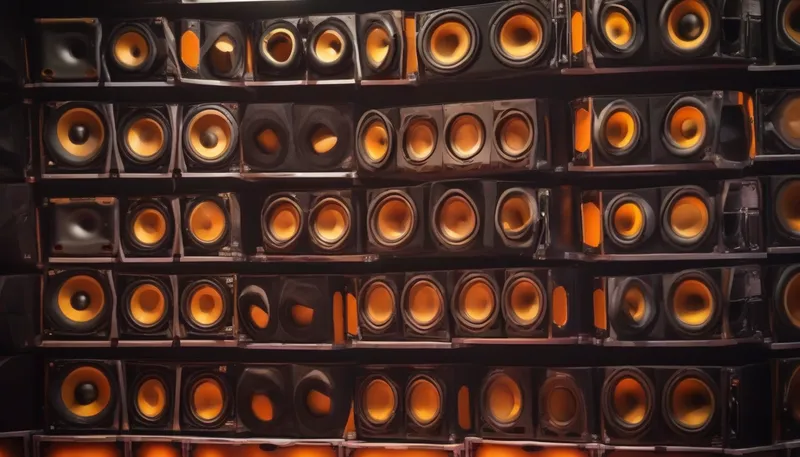 Close view of a wall of speaker cabinets with glowing orange cones on a festival stage