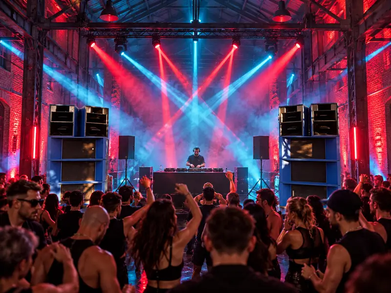Warehouse DJ party with red and blue beam lighting and haze