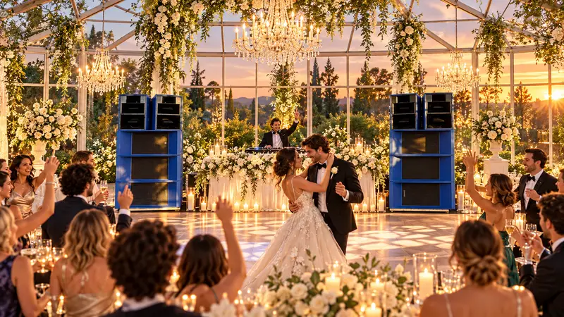 Couple's first dance in a glass conservatory with a DJ and speakers behind
